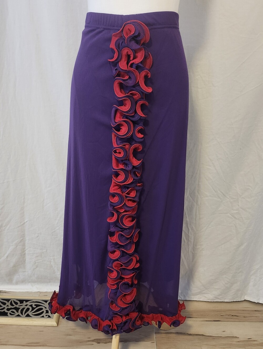 ST. LAURENT Purple Ruffle-Trim Maxi Skirt with Red Accents